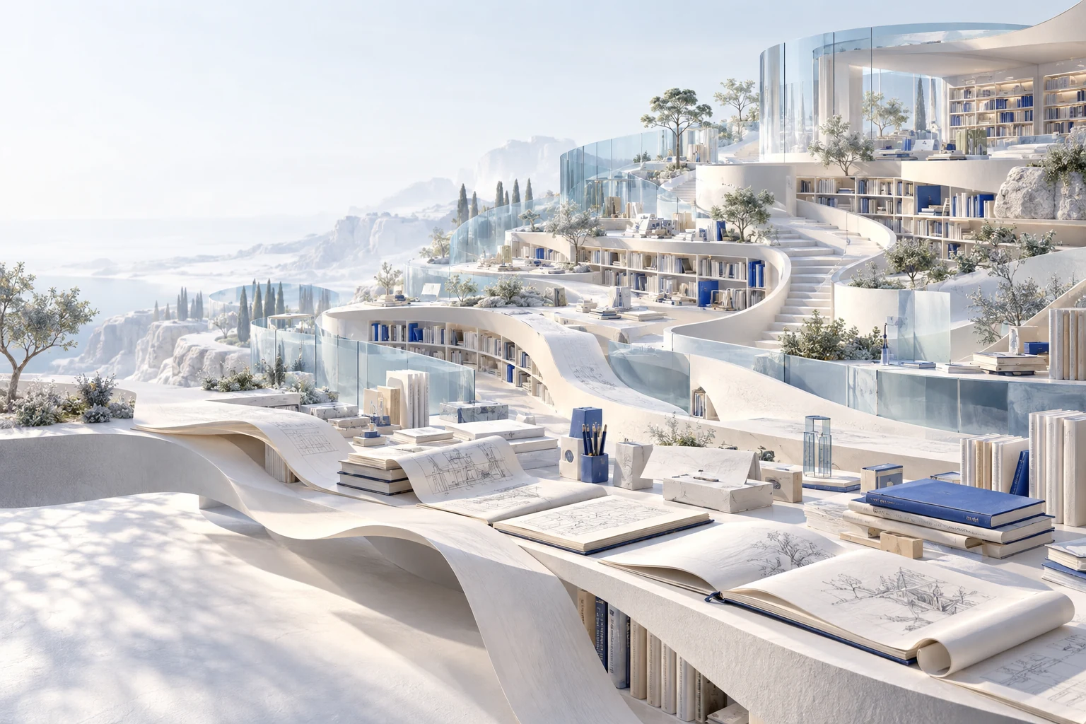 A luminous library landscape with flowing paper paths, notebooks and blue glass terraces