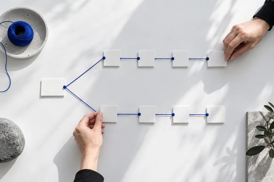 White cards connected by branching blue threads