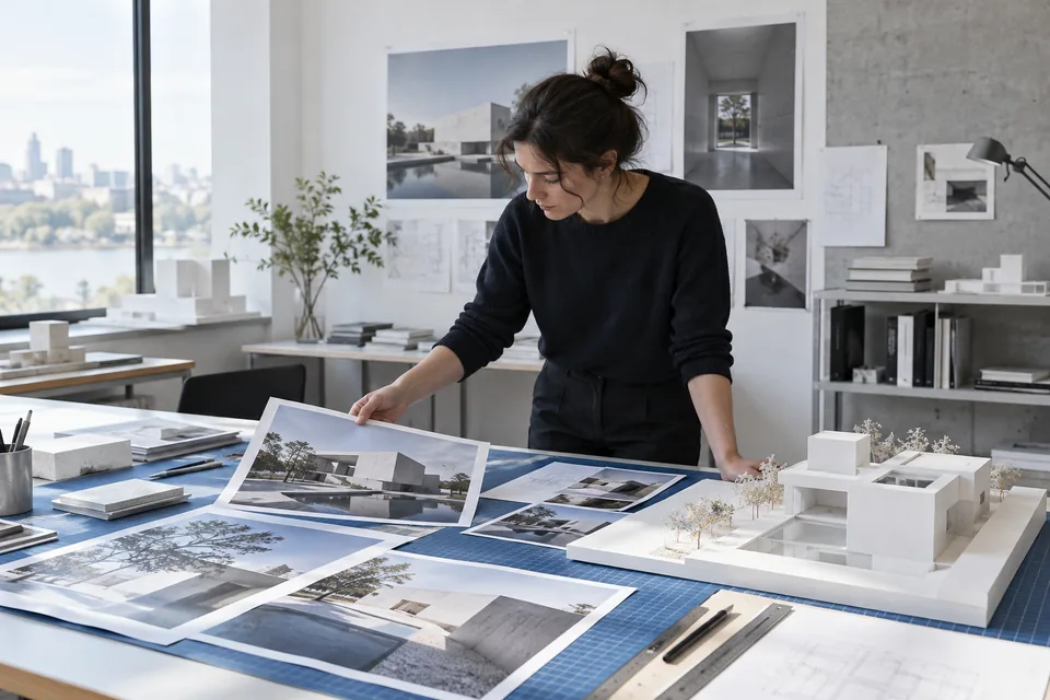 An architectural model and reference material in a creative studio