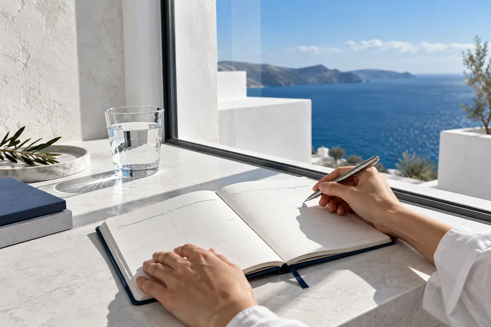 An open planner and silver pen beside a sunlit window
